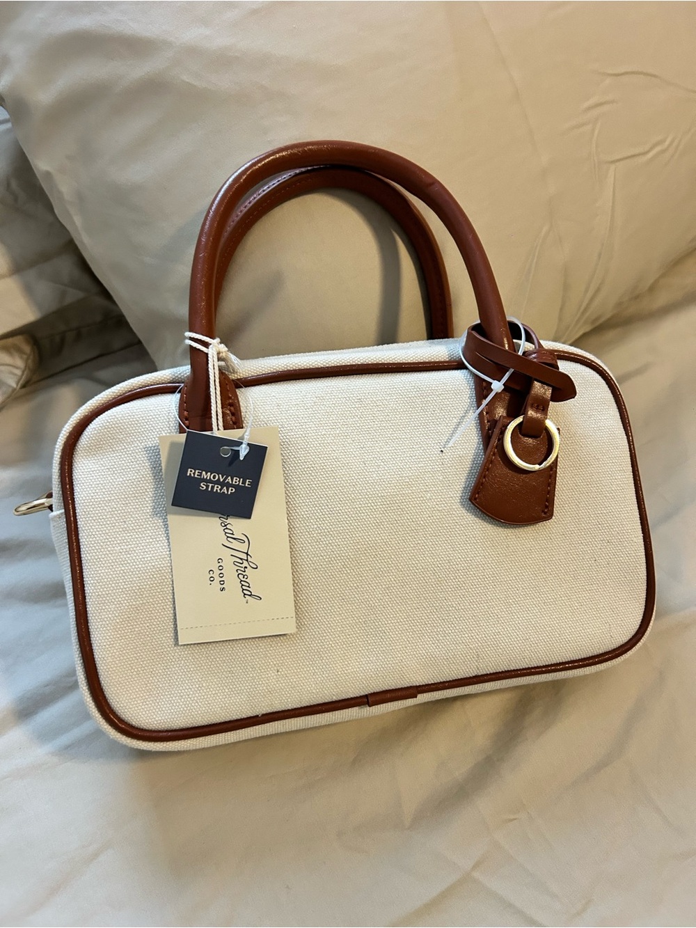 Canvas and Brown Leather Accent Women's Satchel with Removable Strap